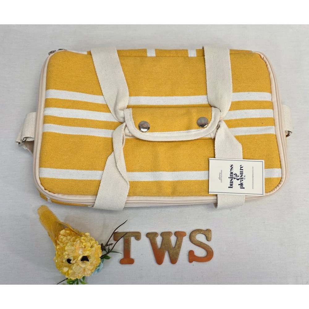Business & Pleasure Co Premium Cooler Bag Yellow White Stripe Canvas Insulated